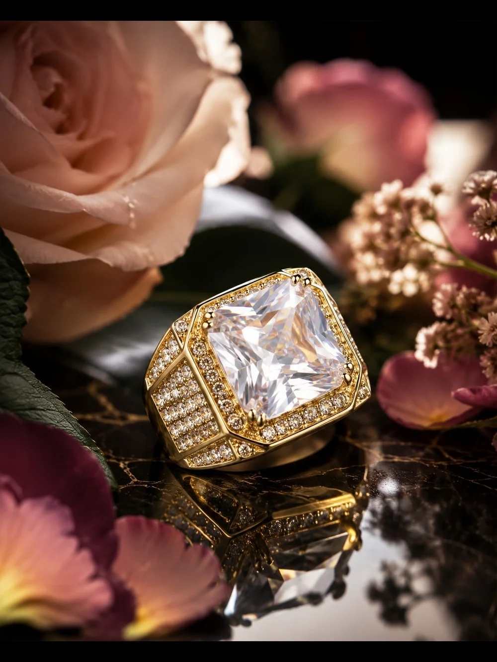Men's Size 8 Gold Tone Iced CZ Ring Square Cut Pave Hip Hop Bling